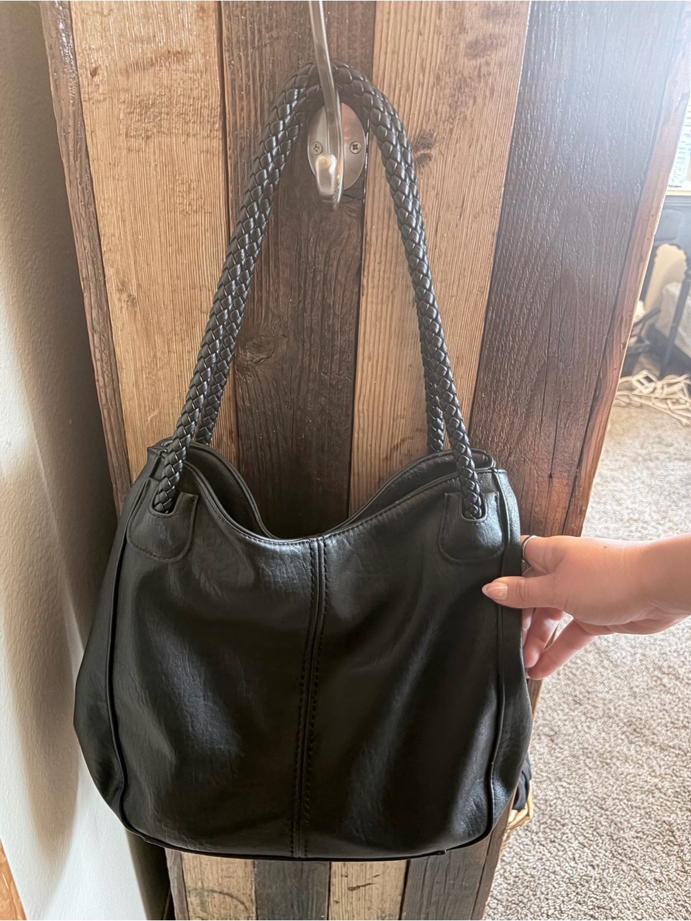 Black Leather Braided-Handle Shoulder Bag